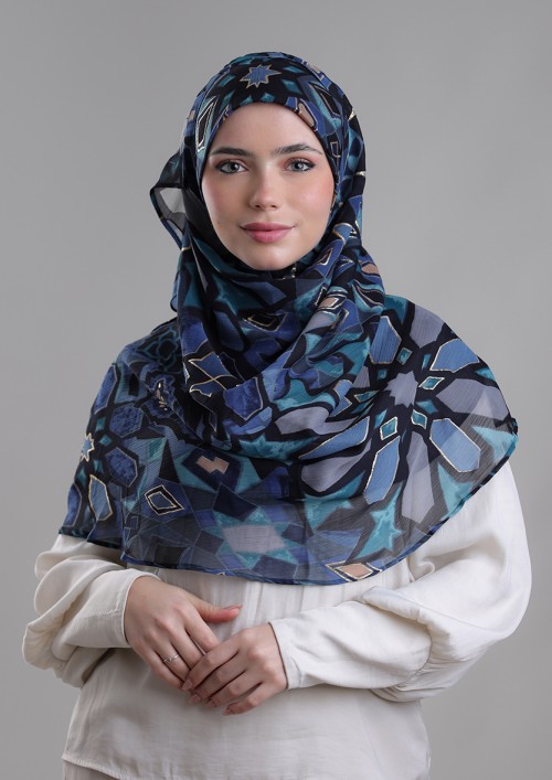 Hassan II Azure-Printed Plus Crinkled Chiffon With Foil